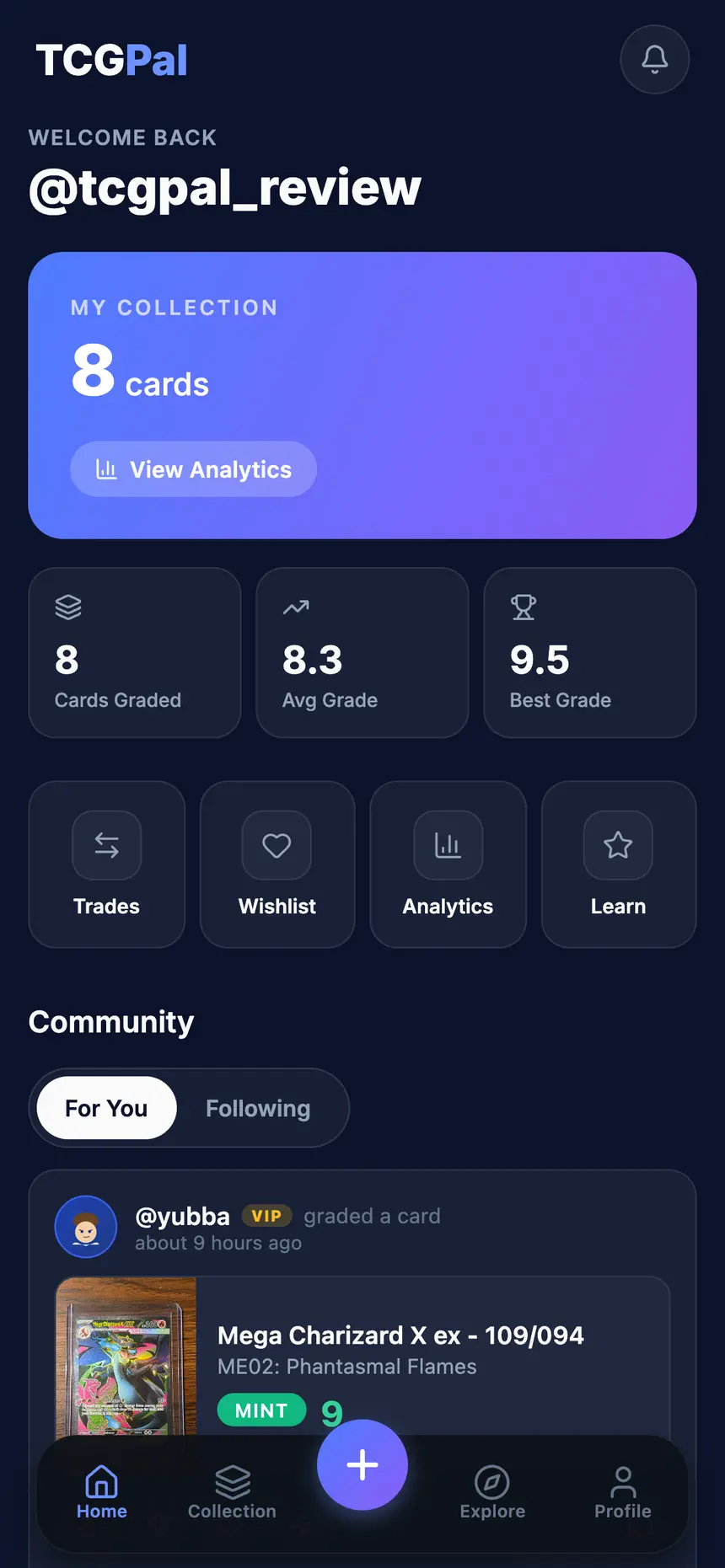 TCGPal home dashboard with collection stats and community feed