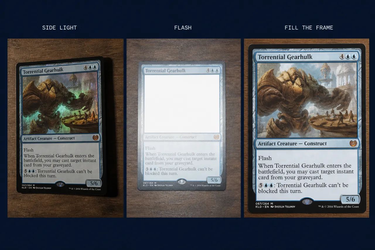 Three photos of the same card: readable side light, a flash-blown holo, and a tightly framed shot with all four corners visible