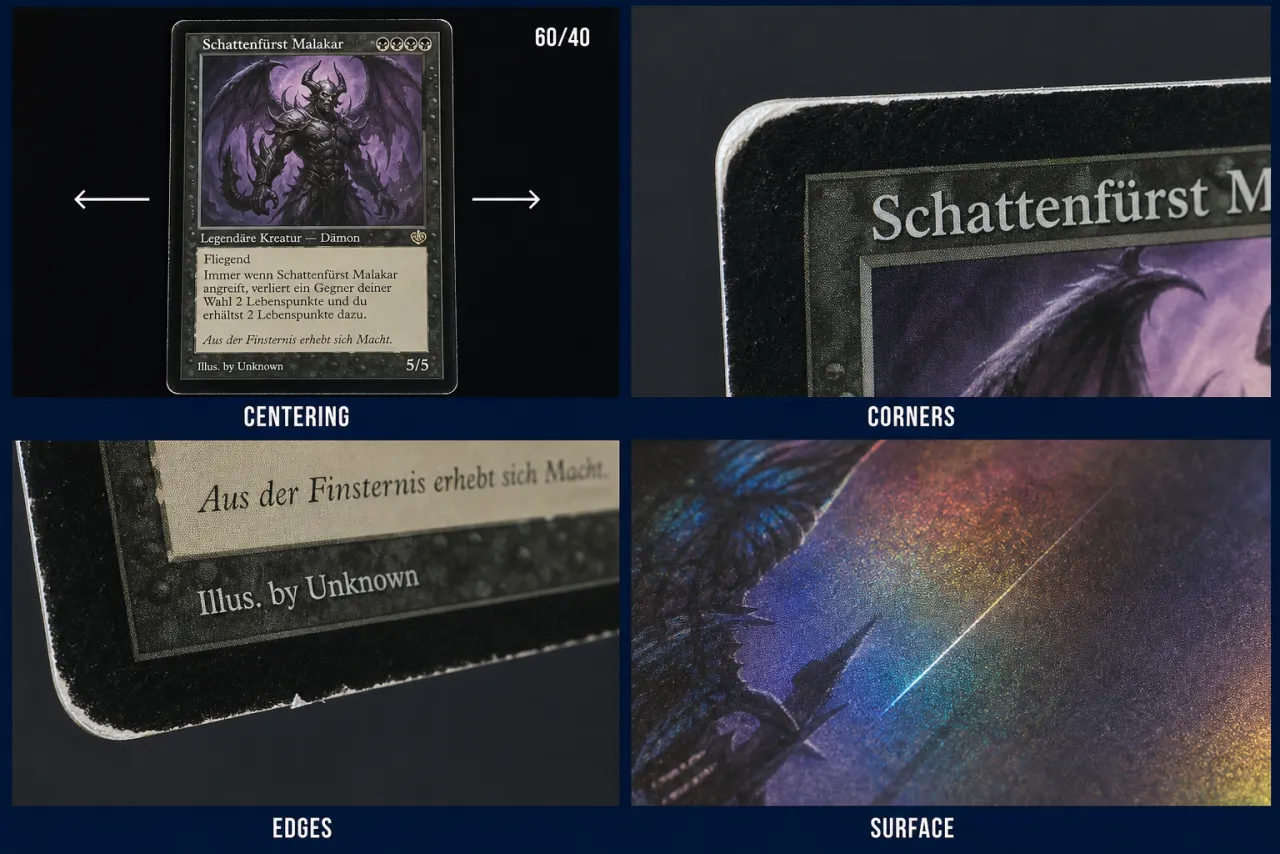 Four close-ups of the same card: centering arrows, a whitened corner, a nicked edge, and a scratched holo surface