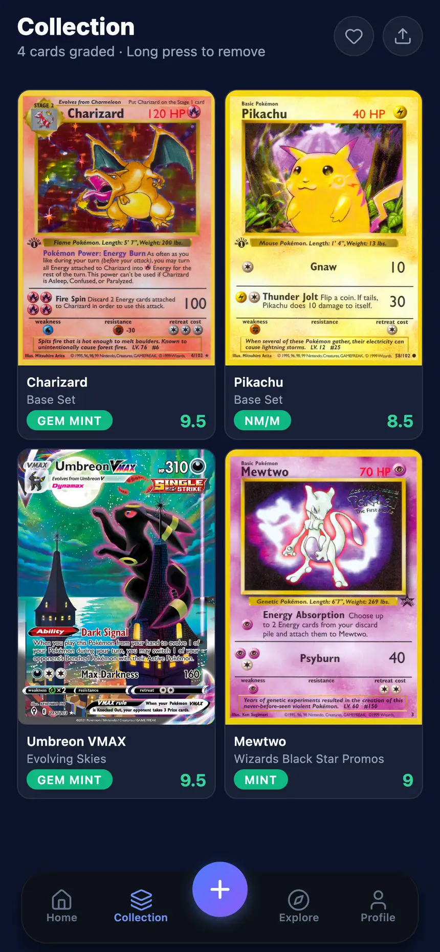 TCGPal collection screen showing graded cards with condition labels and values