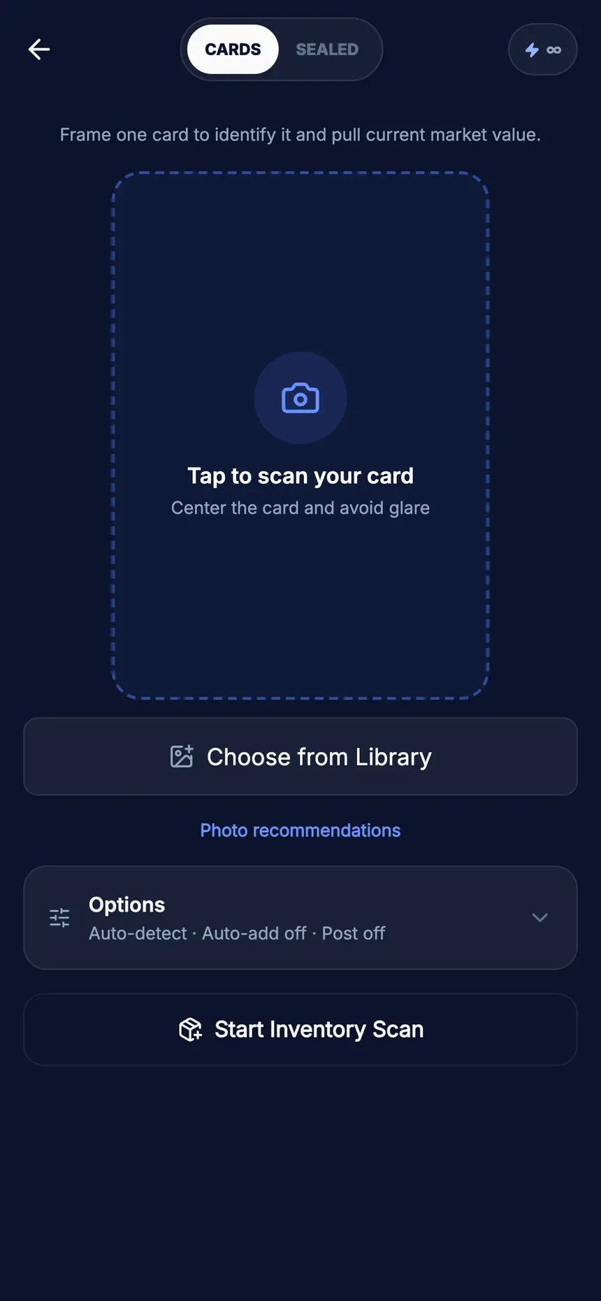 TCGPal scan screen ready to identify a card with the camera